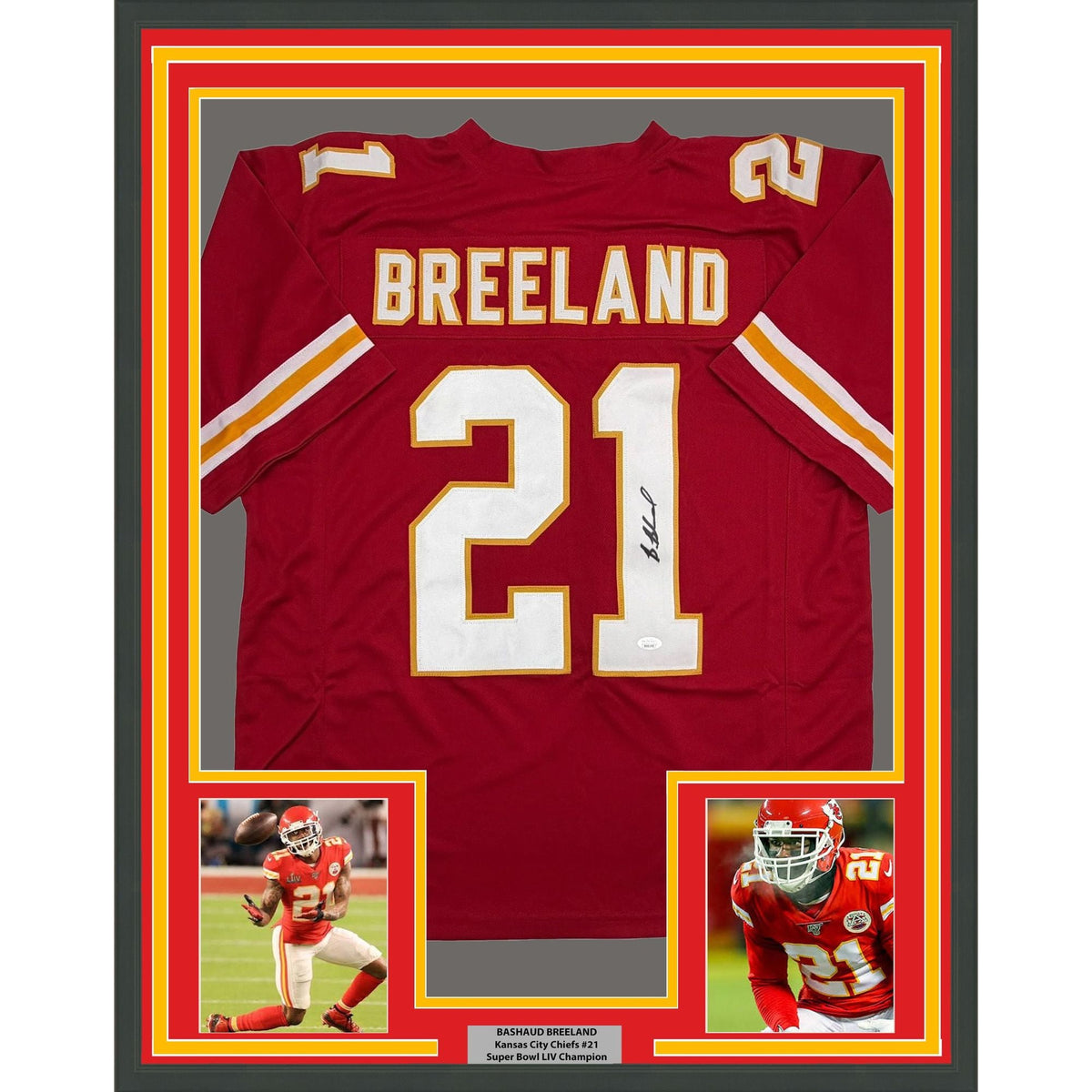 Framed Autographed/Signed Bashaud Breeland 35x39 Kansas City Red Football Jersey JSA COA