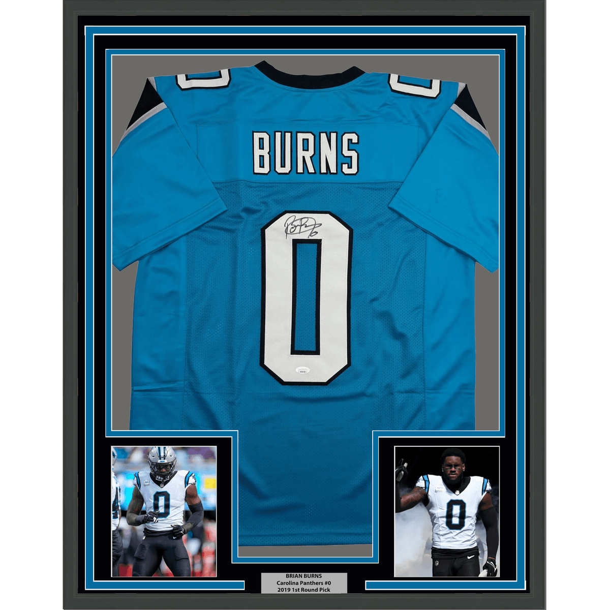 Framed Autographed/Signed Brian Burns 35x39 Carolina Blue Football Jersey JSA COA