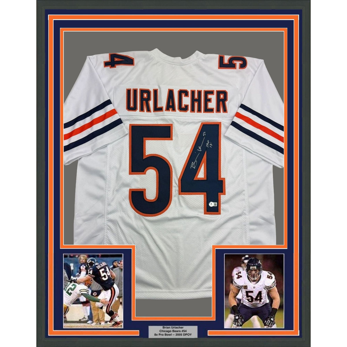 Framed Autographed/Signed Brian Urlacher HOF 18 35x39 Chicago White Football Jersey Beckett BAS COA