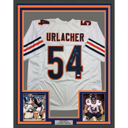 Framed Autographed/Signed Brian Urlacher HOF 18 35x39 Chicago White Football Jersey Beckett BAS COA