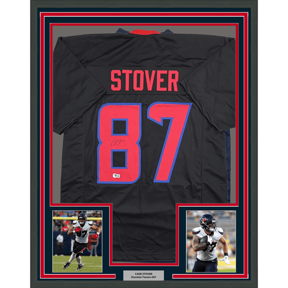 Framed Autographed/Signed Cade Stover 35x39 Houston Black Football Jersey Beckett BAS COA