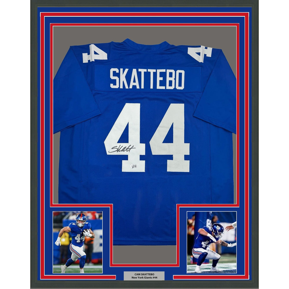 Framed Autographed/Signed Cam Skattebo 35x39 New York Blue Football Jersey Beckett BAS COA