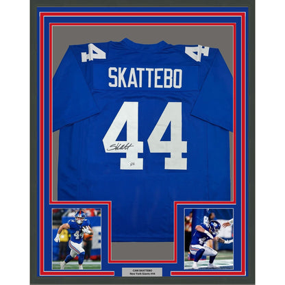 Framed Autographed/Signed Cam Skattebo 35x39 New York Blue Football Jersey Beckett BAS COA