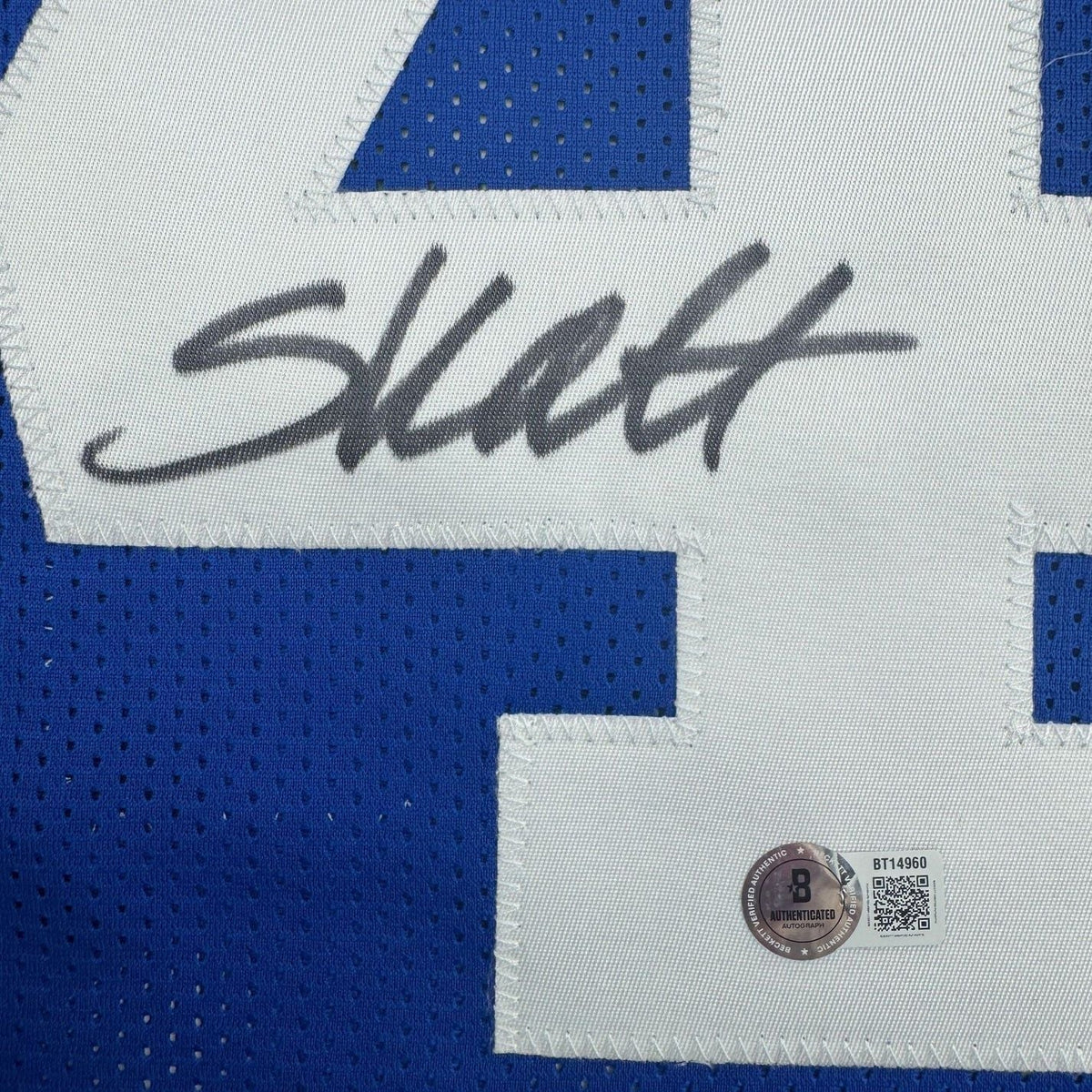 Framed Autographed/Signed Cam Skattebo 35x39 New York Blue Football Jersey Beckett BAS COA