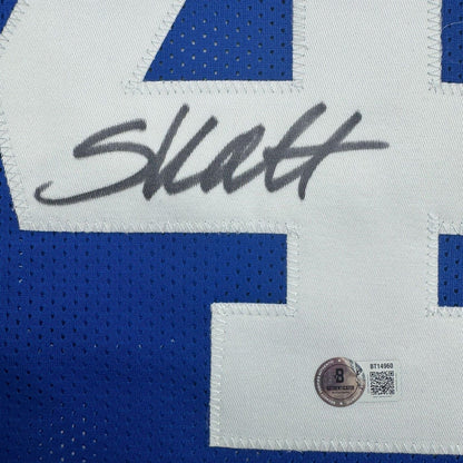 Framed Autographed/Signed Cam Skattebo 35x39 New York Blue Football Jersey Beckett BAS COA