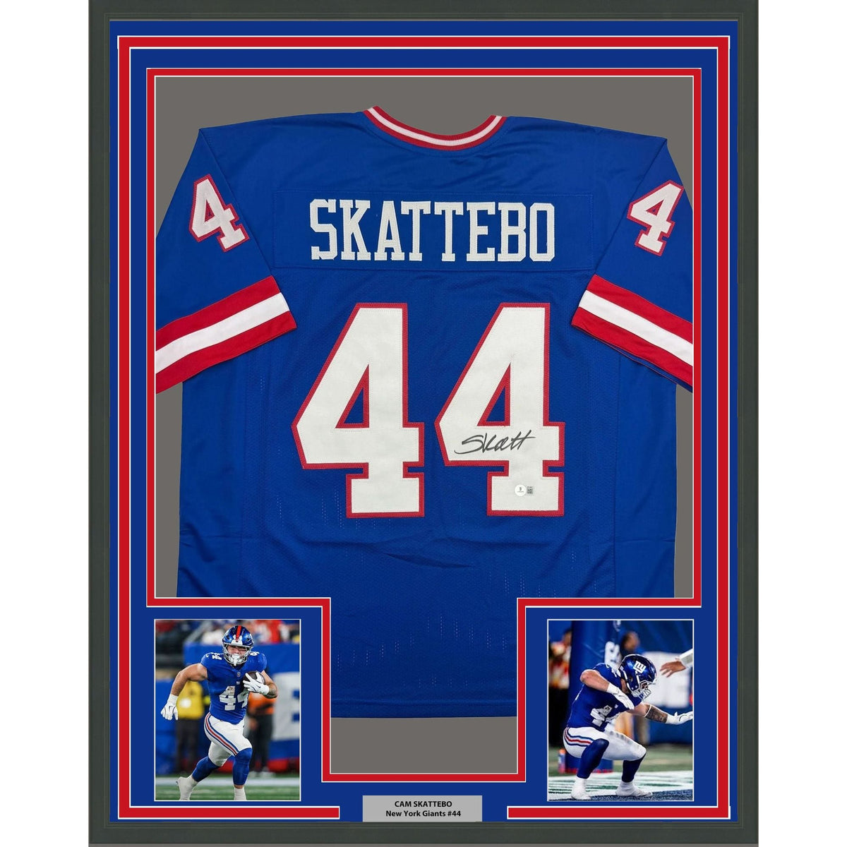 Framed Autographed/Signed Cam Skattebo 35x39 New York Blue Retro Football Jersey Beckett BAS COA
