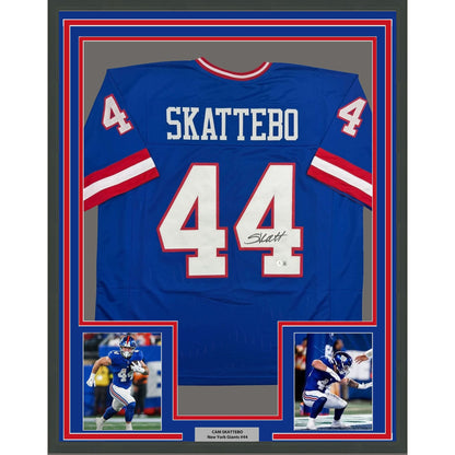 Framed Autographed/Signed Cam Skattebo 35x39 New York Blue Retro Football Jersey Beckett BAS COA