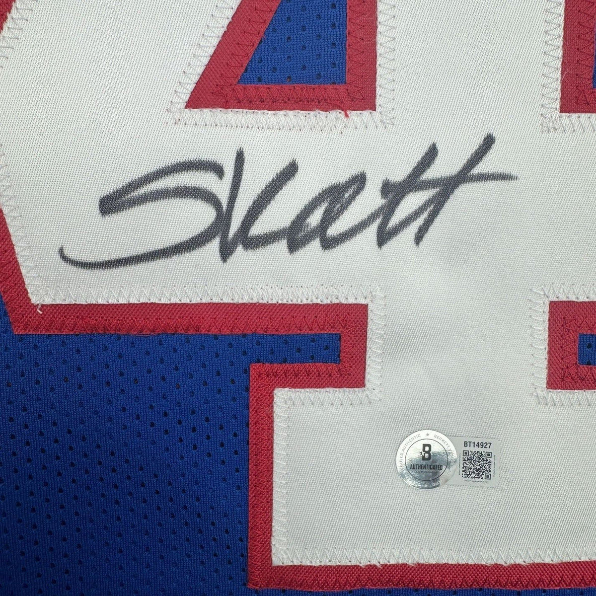 Framed Autographed/Signed Cam Skattebo 35x39 New York Blue Retro Football Jersey Beckett BAS COA