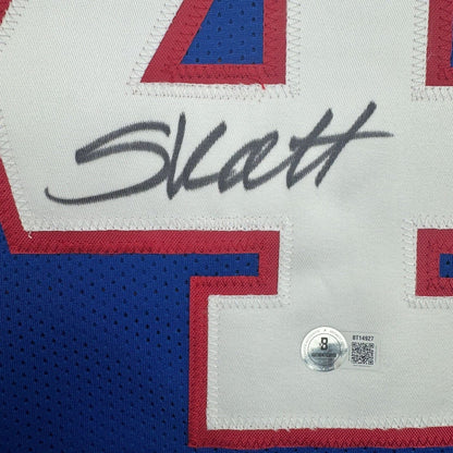 Framed Autographed/Signed Cam Skattebo 35x39 New York Blue Retro Football Jersey Beckett BAS COA