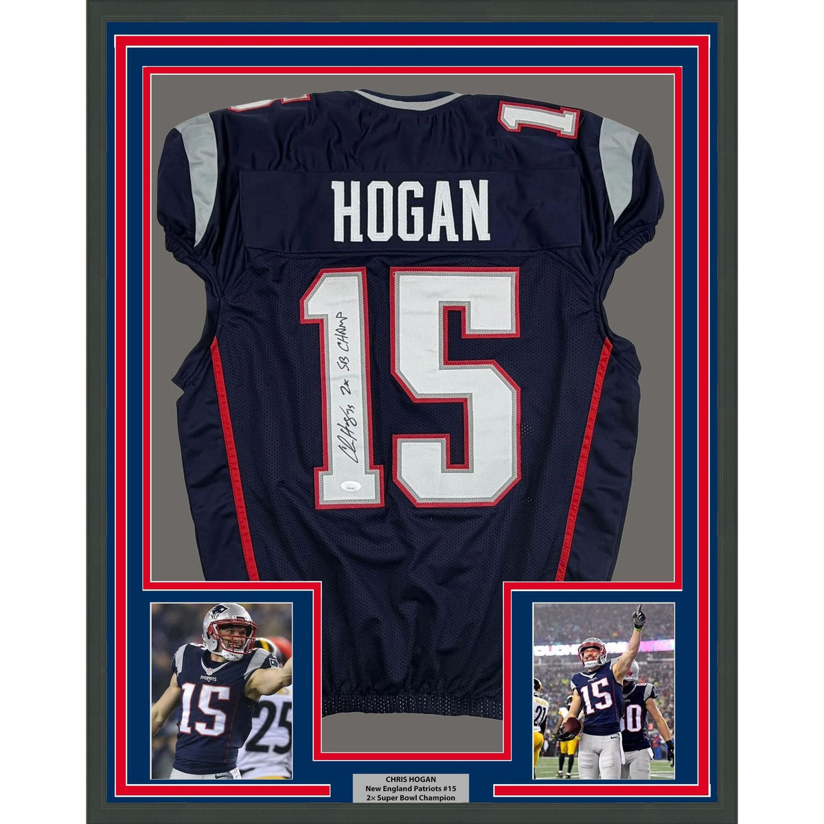 Framed Autographed/Signed Chris Hogan 2x SB Champ 35x39 New England Blue Pro Cut Football Jersey JSA COA
