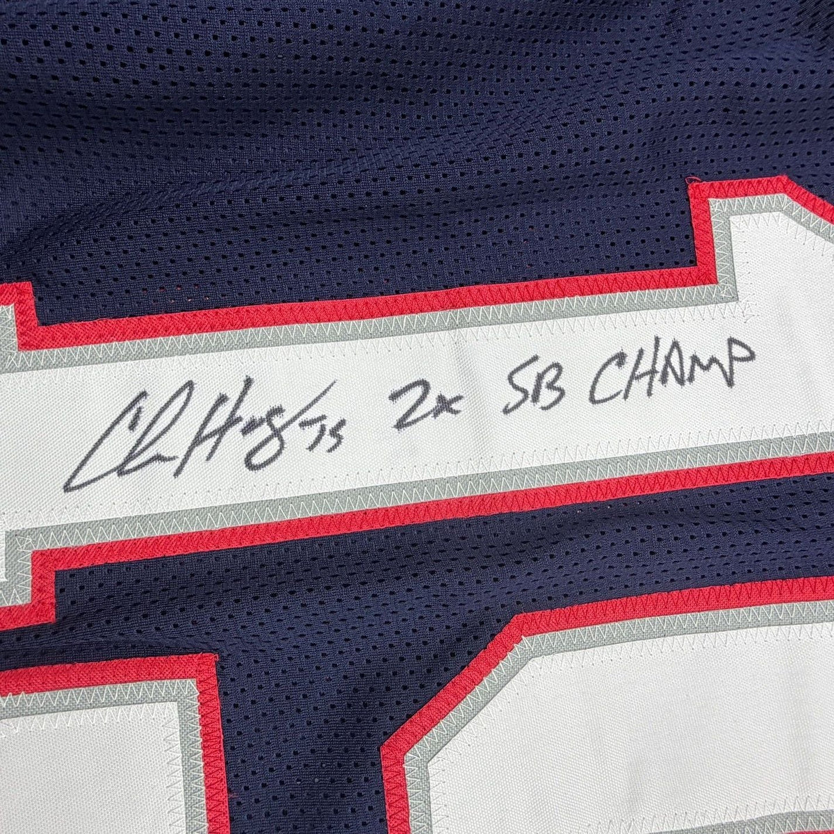 Framed Autographed/Signed Chris Hogan 2x SB Champ 35x39 New England Blue Pro Cut Football Jersey JSA COA