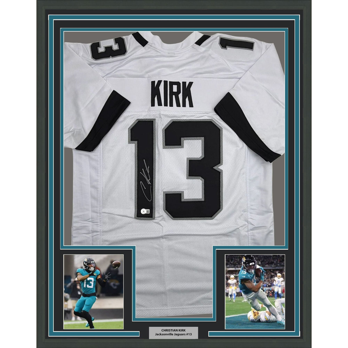 Framed Autographed/Signed Christian Kirk 35x39 Jacksonville White Football Jersey Beckett BAS COA