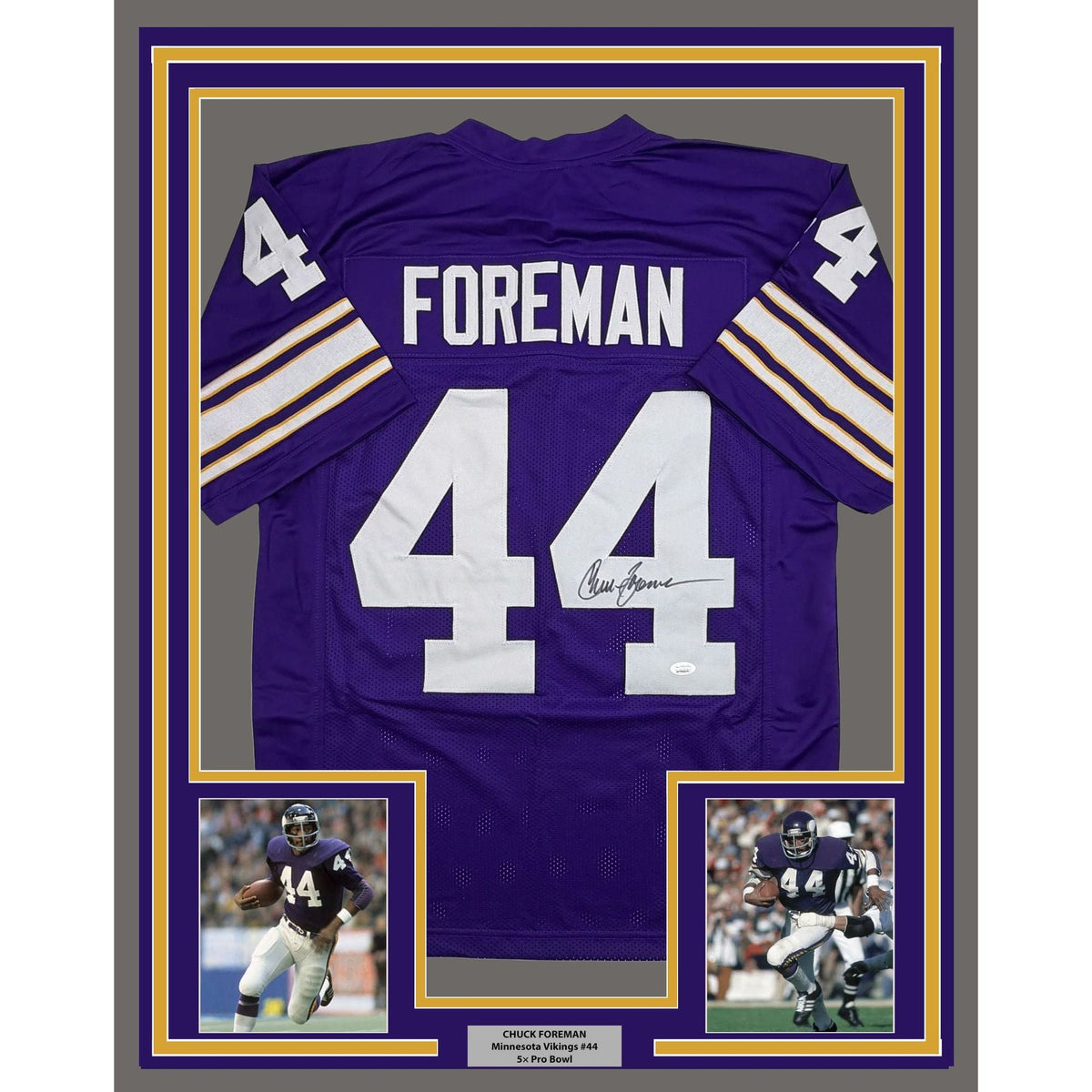 Framed Autographed/Signed Chuck Foreman 35x39 Minnesota Purple Football Jersey JSA COA