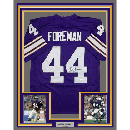 Framed Autographed/Signed Chuck Foreman 35x39 Minnesota Purple Football Jersey JSA COA