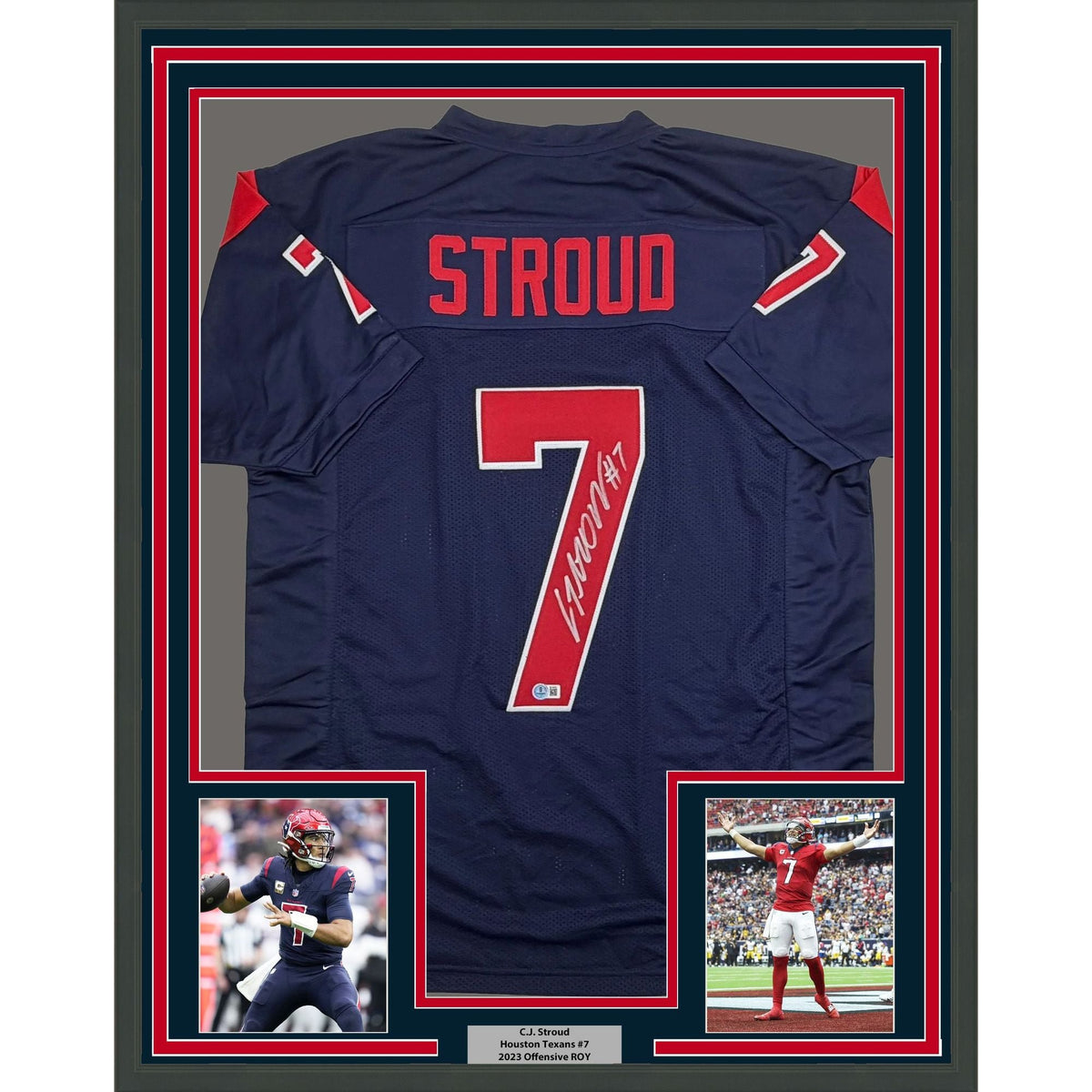 Framed Autographed/Signed CJ Stroud 35x39 Houston Blue Alternate Football Jersey Beckett BAS COA