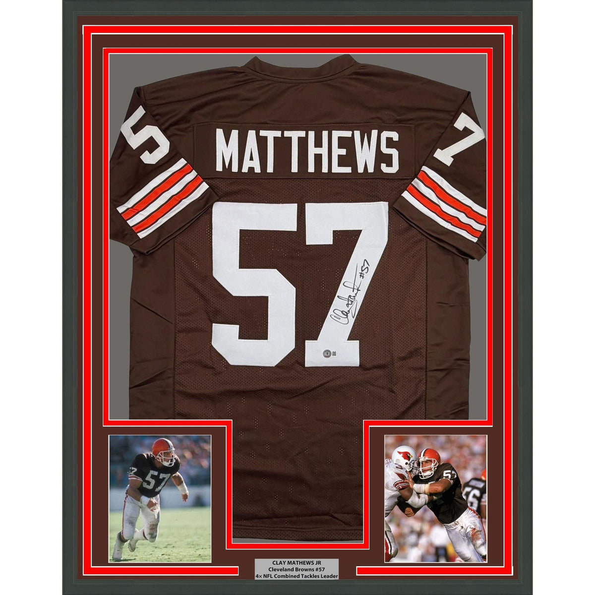 Framed Autographed/Signed Clay Matthews Jr 35x39 Cleveland Brown Football Jersey Beckett BAS COA
