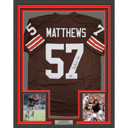 Framed Autographed/Signed Clay Matthews Jr 35x39 Cleveland Brown Football Jersey Beckett BAS COA