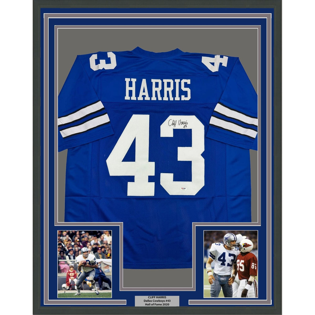 Framed Autographed/Signed Cliff Harris 35x39 Dallas Blue Football Jersey PSA/DNA COA