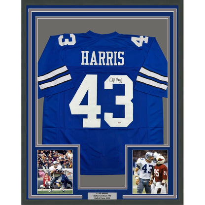 Framed Autographed/Signed Cliff Harris 35x39 Dallas Blue Football Jersey PSA/DNA COA