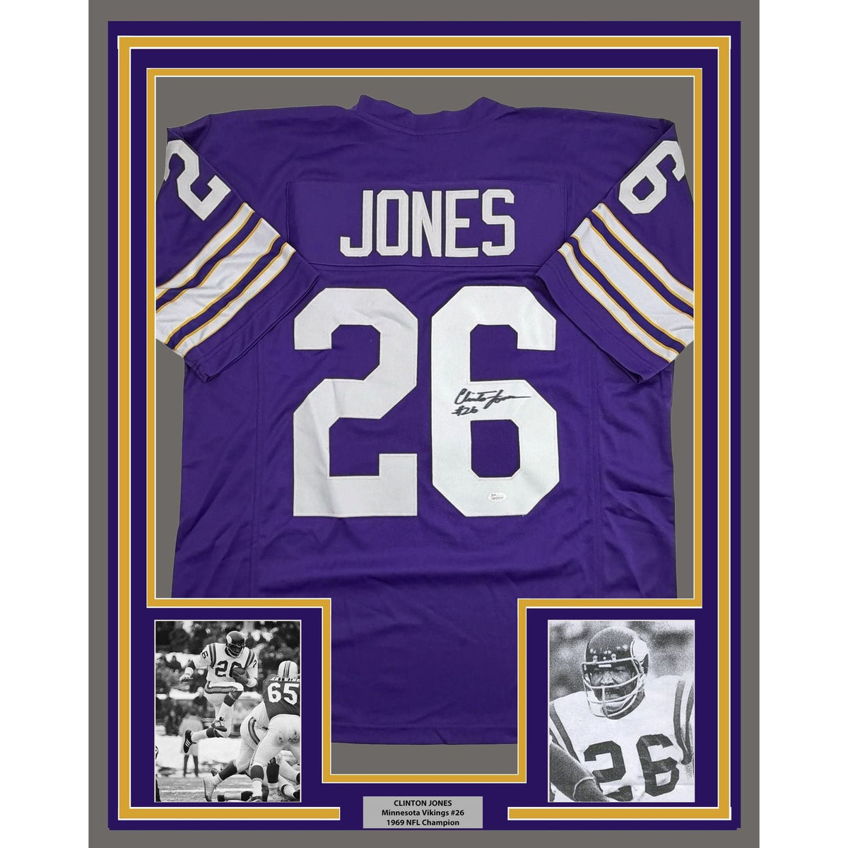 Framed Autographed/Signed Clinton Jones 35x39 Minnesota Purple Football Jersey JSA COA