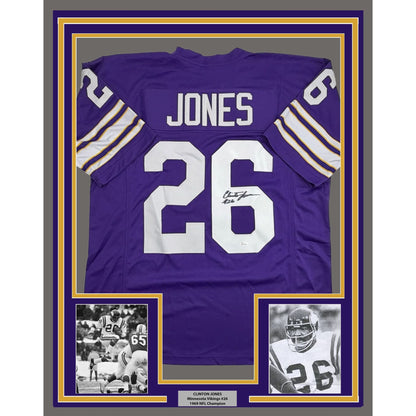 Framed Autographed/Signed Clinton Jones 35x39 Minnesota Purple Football Jersey JSA COA