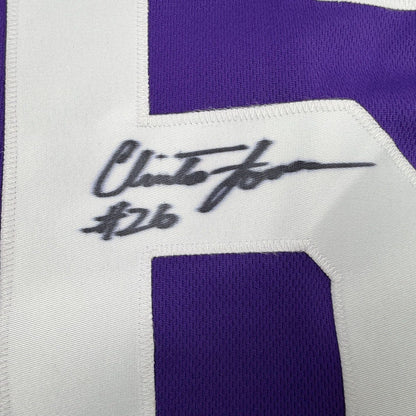 Framed Autographed/Signed Clinton Jones 35x39 Minnesota Purple Football Jersey JSA COA