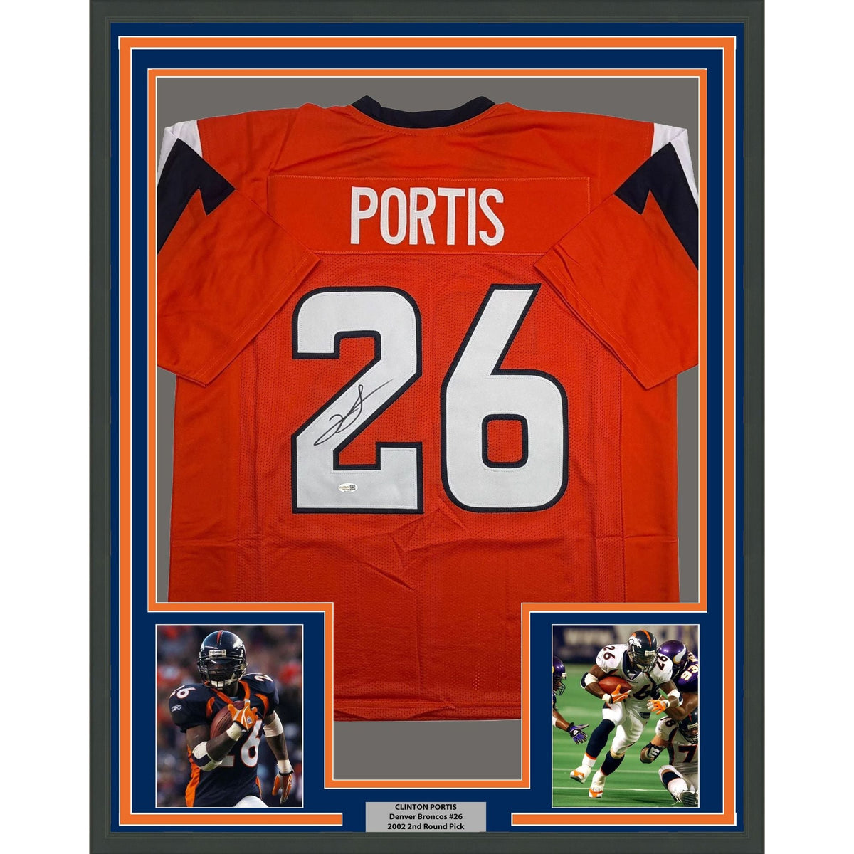 Framed Autographed/Signed Clinton Portis 35x39 Denver Current Orange Football Jersey JSA COA