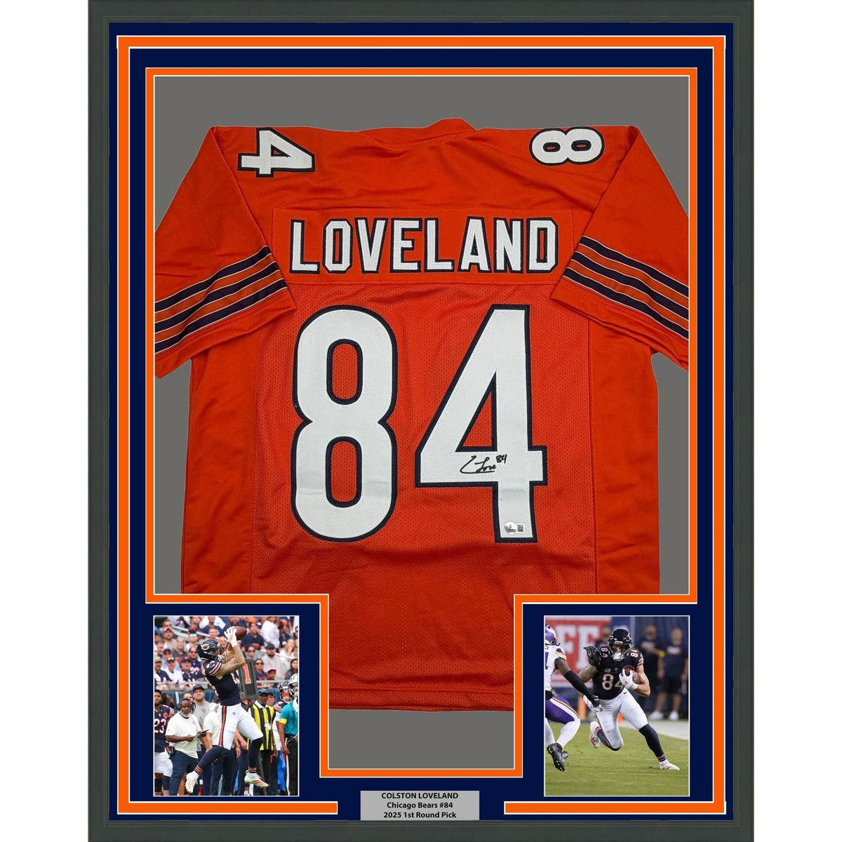 Framed Autographed/Signed Colston Loveland 35x39 Chicago Orange Football Jersey Beckett BAS COA