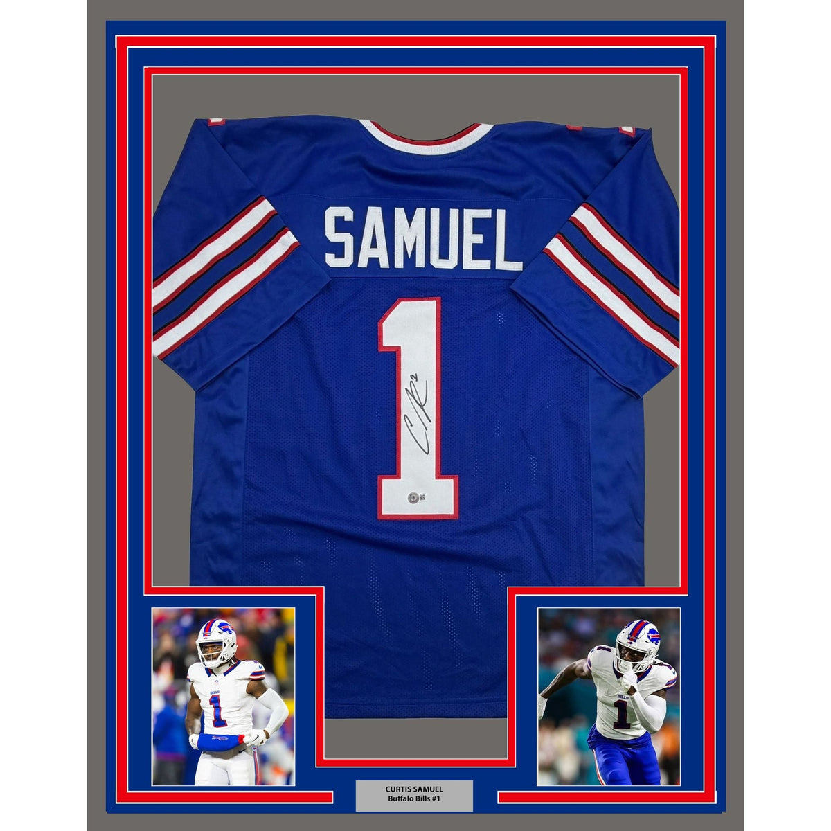 Framed Autographed/Signed Curtis Samuel 35x39 Buffalo Blue Football Jersey Beckett BAS COA