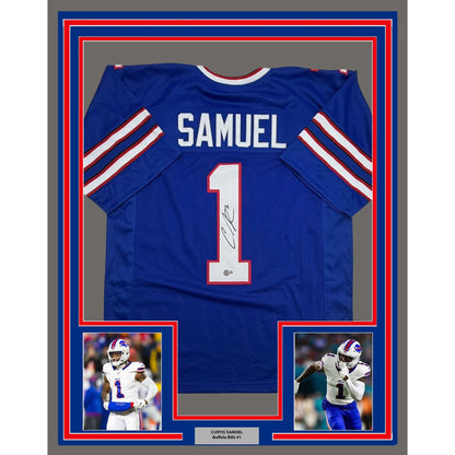 Framed Autographed/Signed Curtis Samuel 35x39 Buffalo Blue Football Jersey Beckett BAS COA