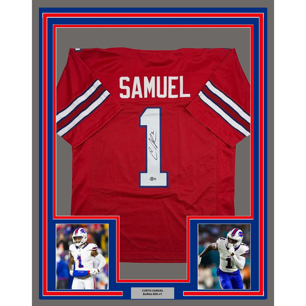 Framed Autographed/Signed Curtis Samuel 35x39 Buffalo Red Football Jersey Beckett BAS COA