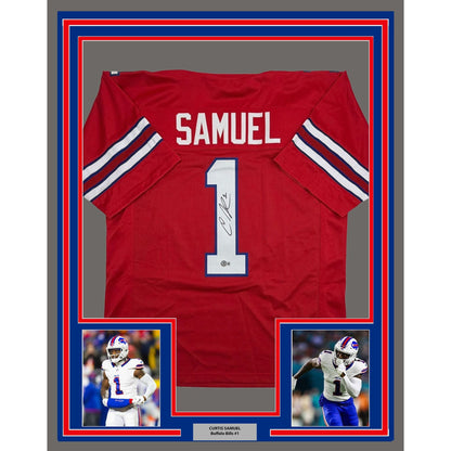 Framed Autographed/Signed Curtis Samuel 35x39 Buffalo Red Football Jersey Beckett BAS COA