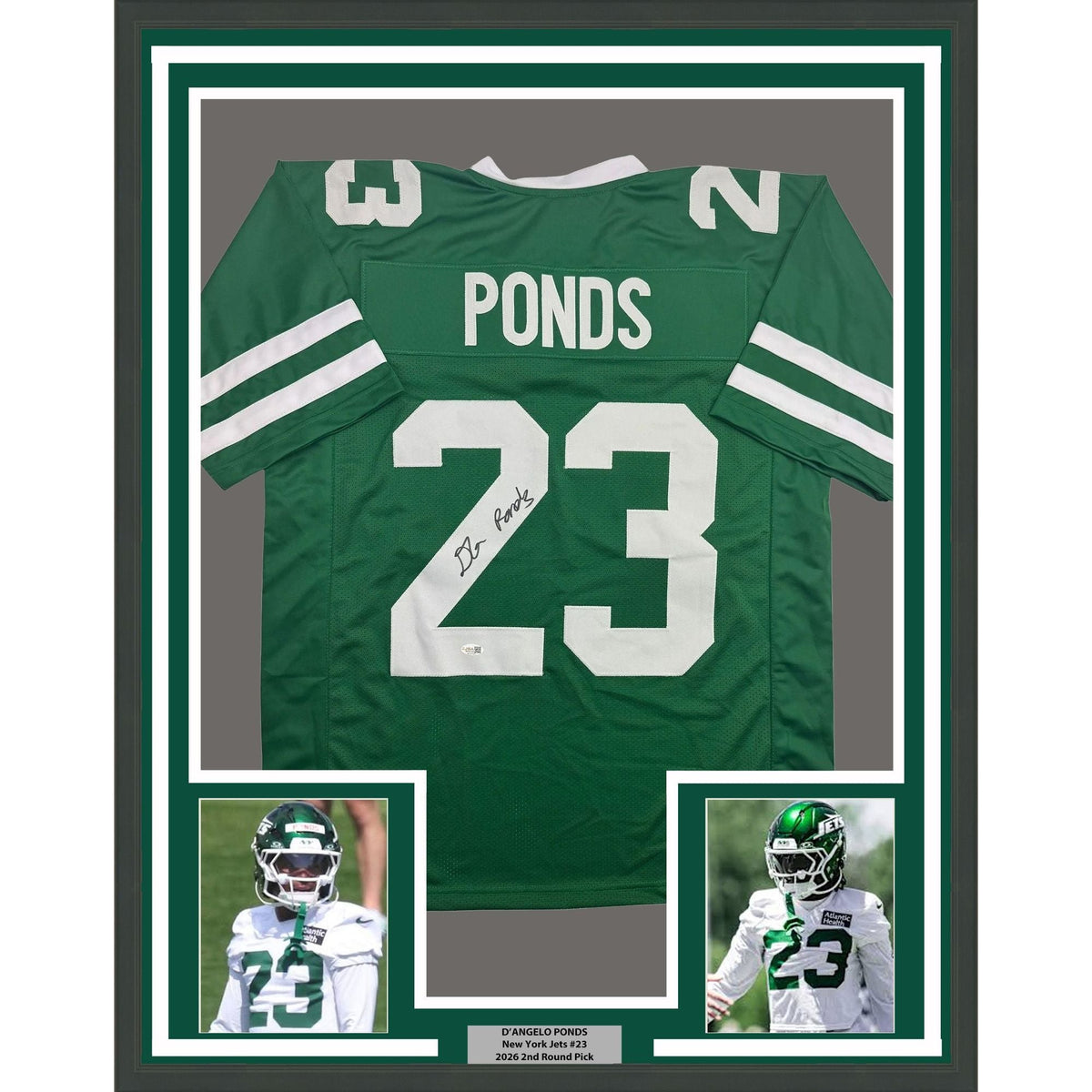 Framed Autographed/Signed D'Angelo Ponds 35x39 New York Green Football Jersey JSA COA