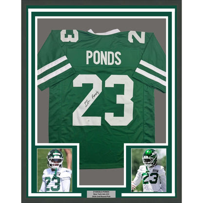 Framed Autographed/Signed D'Angelo Ponds 35x39 New York Green Football Jersey JSA COA