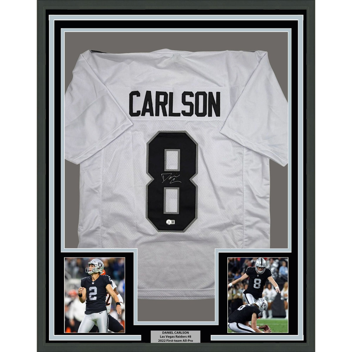 Framed Autographed/Signed Daniel Carlson 35x39 Las Vegas White Football Jersey Beckett BAS COA