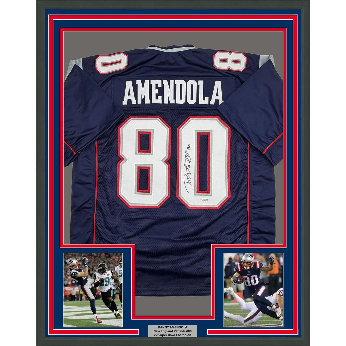 Framed Autographed/Signed Danny Amendola 35x39 New England Navy Blue Football Jersey JSA COA