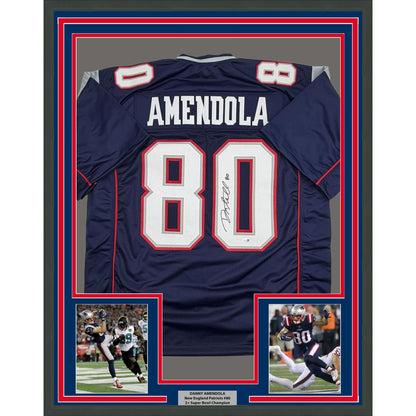 Framed Autographed/Signed Danny Amendola 35x39 New England Navy Blue Football Jersey JSA COA