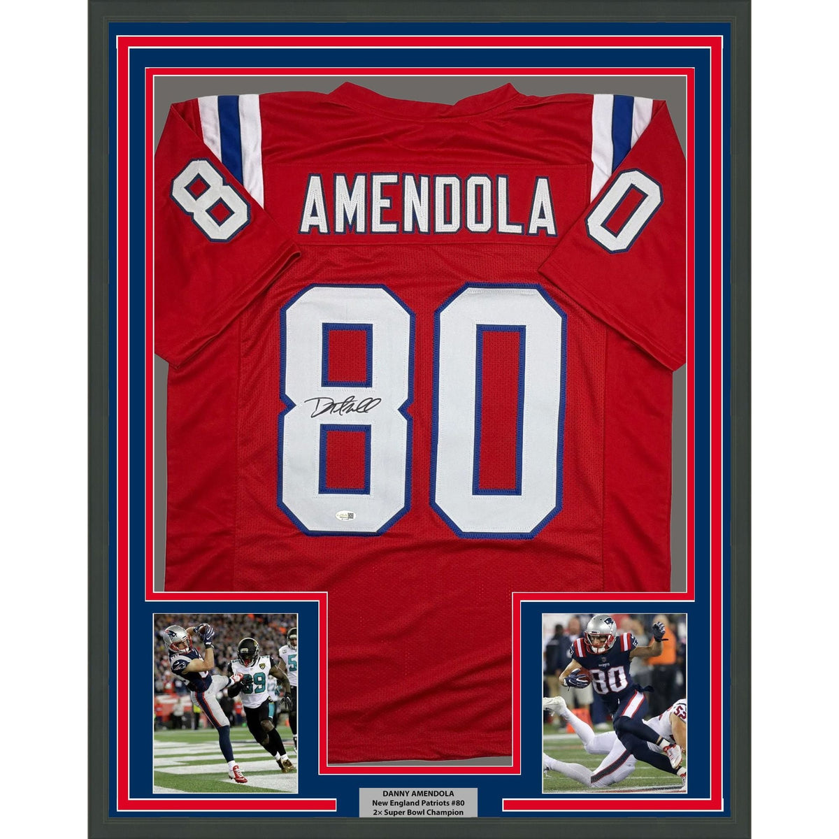 Framed Autographed/Signed Danny Amendola 35x39 New England Red Retro Football Jersey JSA COA