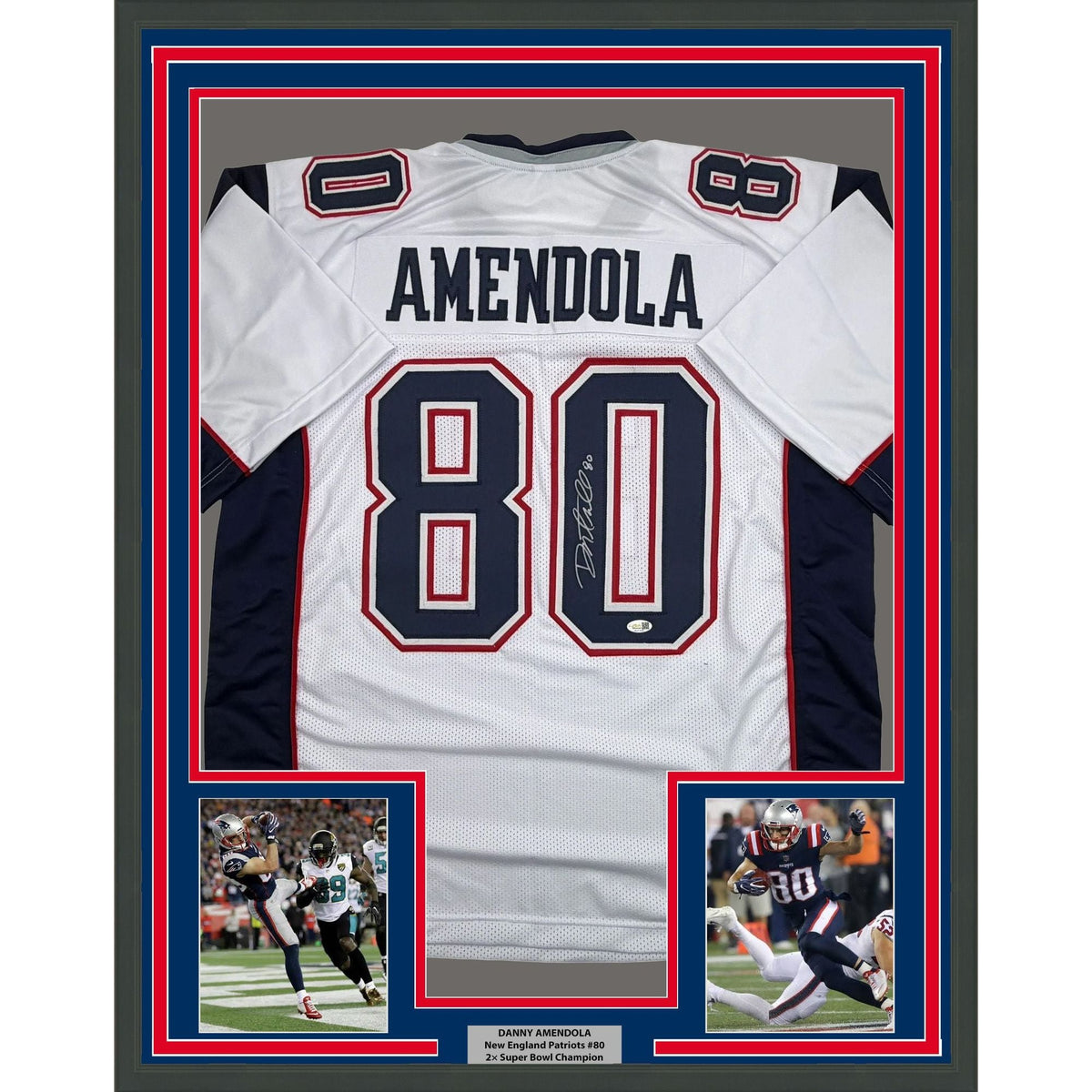 Framed Autographed/Signed Danny Amendola 35x39 New England White Football Jersey JSA COA
