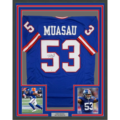 Framed Autographed/Signed Darius Muasau 35x39 New York Blue Retro Football Jersey JSA COA