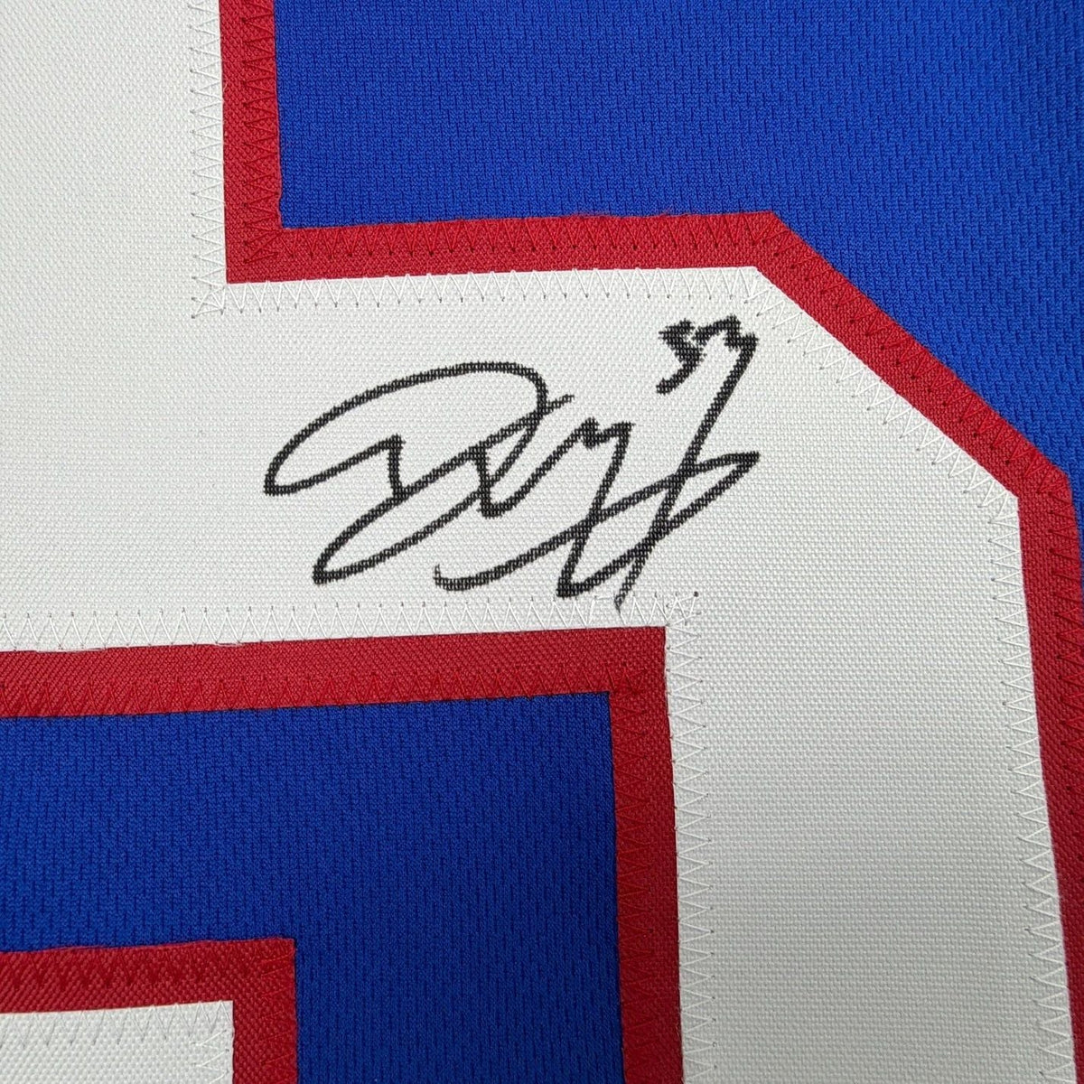 Framed Autographed/Signed Darius Muasau 35x39 New York Blue Retro Football Jersey JSA COA