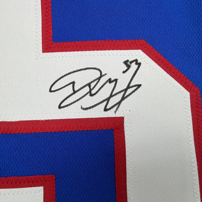 Framed Autographed/Signed Darius Muasau 35x39 New York Blue Retro Football Jersey JSA COA