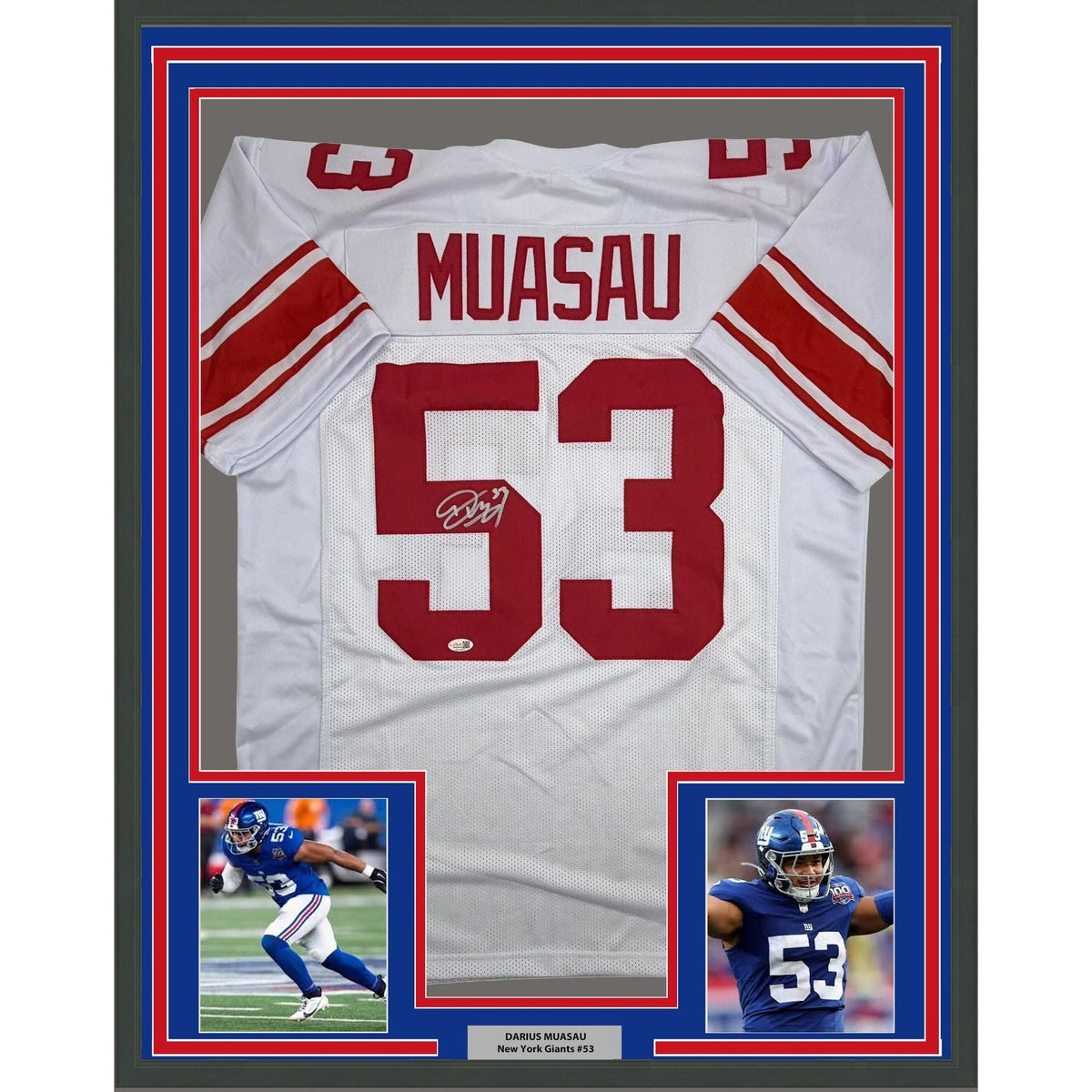 Framed Autographed/Signed Darius Muasau 35x39 New York White Football Jersey JSA COA