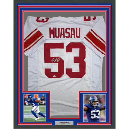 Framed Autographed/Signed Darius Muasau 35x39 New York White Football Jersey JSA COA