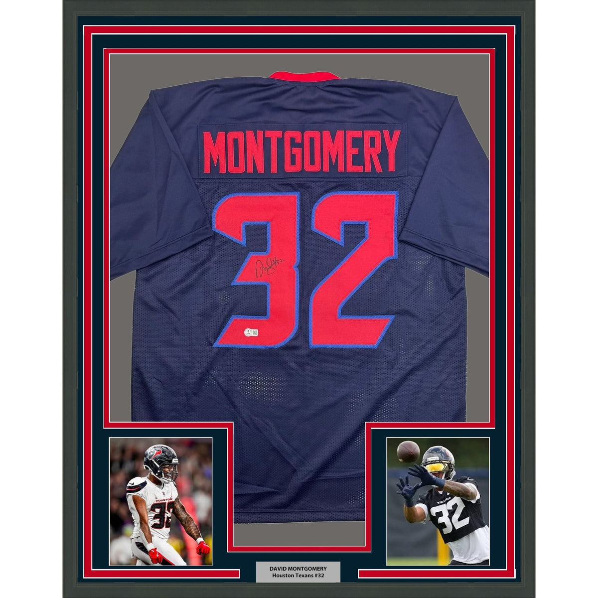Framed Autographed/Signed David Montgomery 35x39 Houston Blue Alternate Football Jersey Beckett BAS COA
