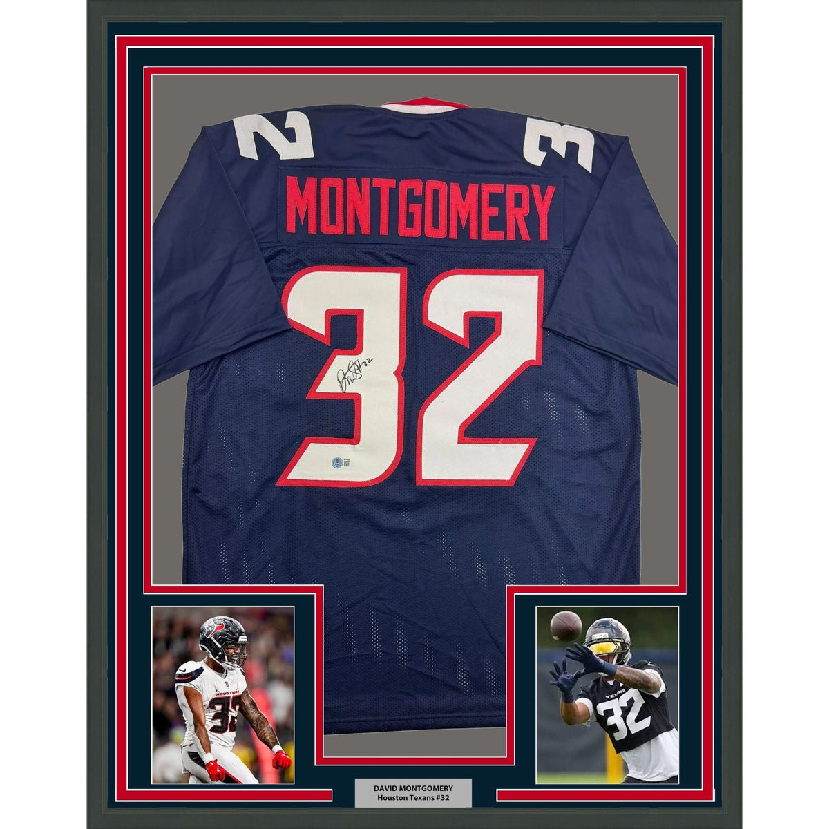 Framed Autographed/Signed David Montgomery 35x39 Houston Blue Football Jersey Beckett BAS COA