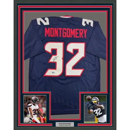 Framed Autographed/Signed David Montgomery 35x39 Houston Blue Football Jersey Beckett BAS COA