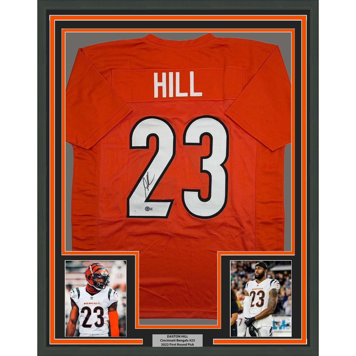 Framed Autographed/Signed Daxton Hill 35x39 Cincinnati Orange Football Jersey Beckett BAS COA