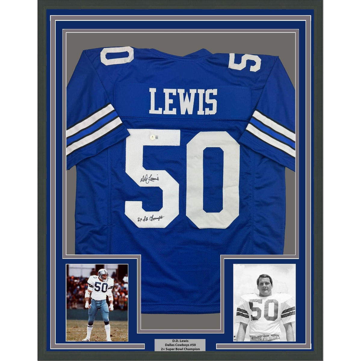 Framed Autographed/Signed D.D. DD Lewis 2x SB Champs 35x39 Dallas Retro Blue Football Jersey Beckett BAS COA