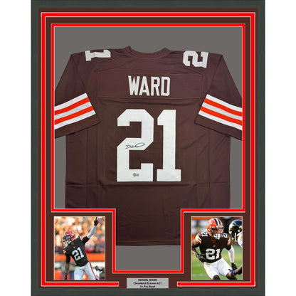 Framed Autographed/Signed Denzel Ward 35x39 Cleveland Brown Football Jersey Beckett BAS COA